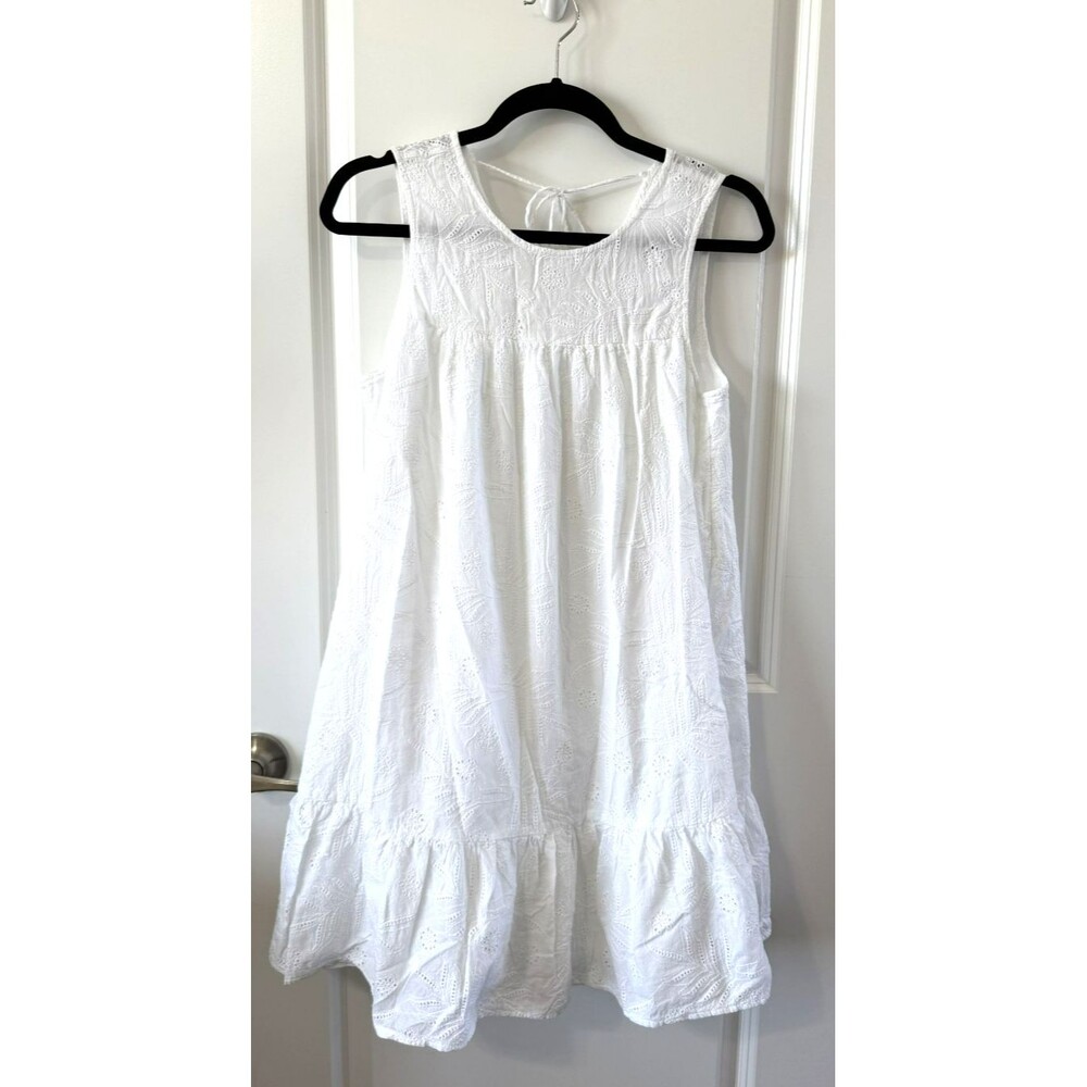 Lucky Brand Boho Dress Small Embroidered Eyelet Tassel Tie White Peasant cotton